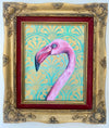 Flamingo on a sage green and gold stencilled hand painted background .  Original painting on canvas in a vintage gold frame with red velvet insert.