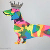 A hand pulled screen print called Royal Sausage pride VI.  Brand new edition   This piece is printed in 5 very bright colours and is the most 'paintily' of all my screenprints. This multi coloured florescent Dachshund is wearing a golden crown. This piece comes unframed and is 50cmx70cm.