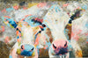A limited edition giclee print of two cows on archival fine art paper. This image shows 2 cows faces broken into the background using beautiful turquoise and coral tones with gold print overlay.