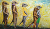 A painting of five meerkats on a yellow background on archival fine art paper. The image has captured the expressions of meerkats perfectly and the hint of clothing adds subtle humour and vibrant colour.     150cm x 90cm