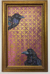 Come in baby features a mother and baby crow on a hand stencilled red and gold background.  Painting on canvas  Vintage gold frame   Exterior frame measurements 50x72cm.