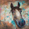 A limited edition giclee print of a horse on a beautiful gold and turquoise background with hints of many other colours.
