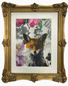 Fox in the petals is a hand pulled screen print on wallpaper sample in a vintage gold frame.  I created work as part of my collection of upcycled artworks. Each print is hand pulled on a unique surface making each piece in the collection a 1/1