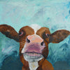 A limited edition giclee print of a brown and white on a turquoise background produced on archival fine art paper. This cow definitely has a cheeky look about her.