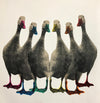 This is a unique hand pulled screen print. An eighteen layer print showing a group of Indian runner ducks.  I have created this piece during the Cornona virus lockdown and decided I would make the ducks in a rainbow formation to highlight the positive energies all the rainbows are bringing to our global community.
