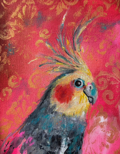 Tiel on Pink. 2024. Cockatiel painting. Vintage frame.