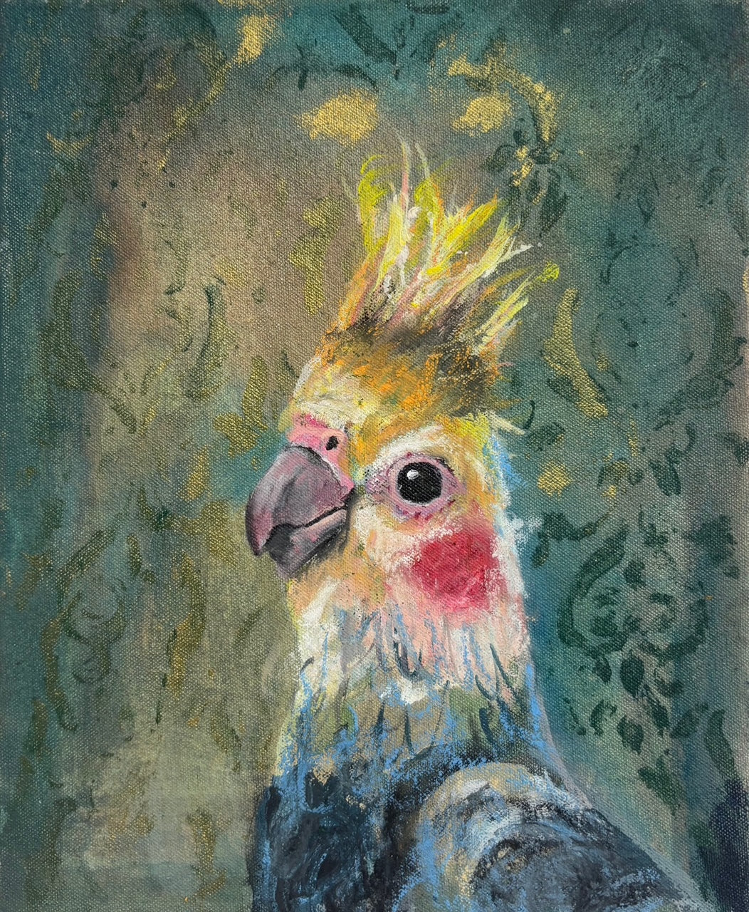 Tiel on Green. 2024. Cockatiel painting. Vintage frame.