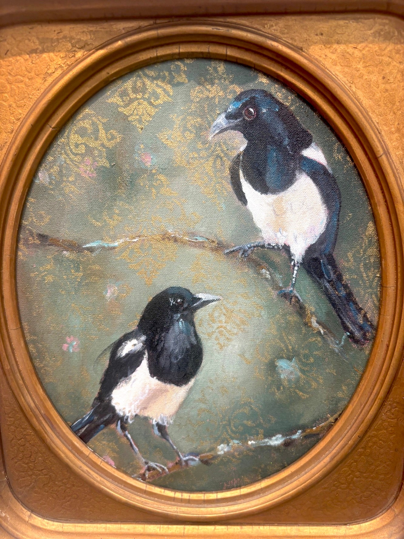 Two Magpies, Original Painting, Vintage frame