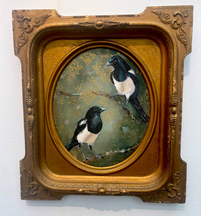 Two Magpies, Original Painting, Vintage frame