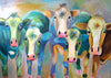A photographic print of a 5 multi-coloured cows.