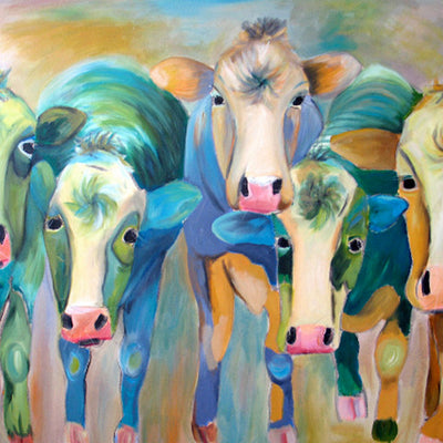 A photographic print of a 5 multi-coloured cows.