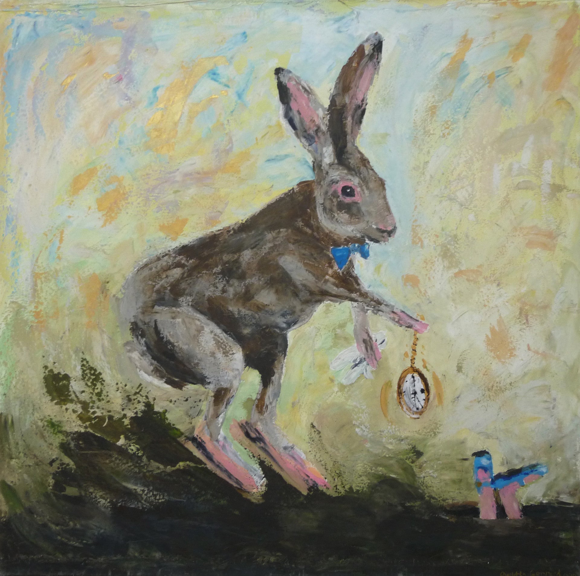 A limited edition giclee print of rabbit holding a pocket watch and gloves watching Alice fall down the rabbit hole. The oversized pink slippers, Alice's blue shoes and the rabbit's matching bow tie give this piece lovely energy and colour.