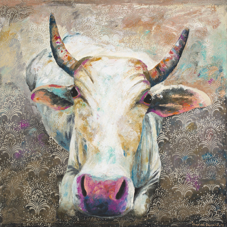 A limited edition giclee print of an white Indian cow lying down. This image was inspired by a beautiful cow photographed at the base of the Hamunman (Monkey) temple in Hampi, a world heritage site, in Karnataka where she is adorned by the locals and fed ghee. There is a beautiful spiritual aura about this piece.