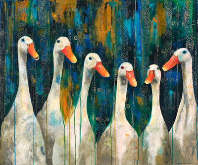 'Beaky Blinders' is a new release with six elegant ducks set against a vibrant background.