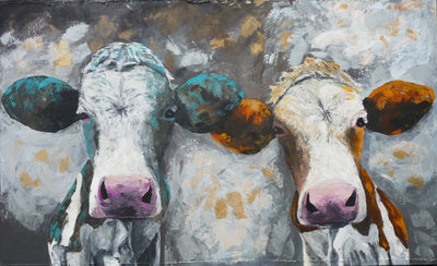 A limited edition giclee print of two cows called Bonnie and Clyde. It is a great couples piece inspired by a legendary love affair.