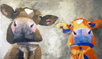 A limited edition giclee print of two cows on archival fine art paper. The cow on the left is the 'normal' cow whilst the one of the right is her alter ego. The vibrant orange in this piece and the happy expressions make it a very popular choice.
