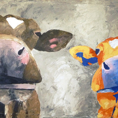 A limited edition giclee print of two cows on archival fine art paper. The cow on the left is the 'normal' cow whilst the one of the right is her alter ego. The vibrant orange in this piece and the happy expressions make it a very popular choice.