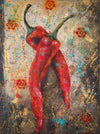 A beautiful highly layered piece of two long chilis  It’s a really vibrant piece with a highly layered and exciting background and would look fabulous in a large kitchen..