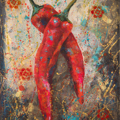 A beautiful highly layered piece of two long chilis  It’s a really vibrant piece with a highly layered and exciting background and would look fabulous in a large kitchen..