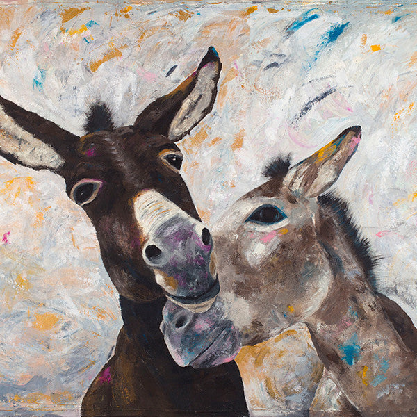 A limited edition giclee print of two donkeys. This image has a wonderful sense of warmth and well being and is a best selling print.