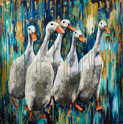 'Five Get Lost at Heligan Gardens' is one of the largest original paintings I have created recently measuring 150x150cm.  These ducks walking close to one another made me think of childhood favourite memories and of course of Enid Blyton's 'Famous Five' book series.