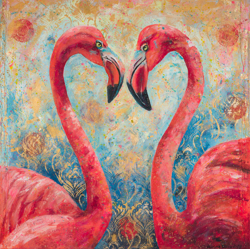 Being such a lover of ducks..and colour.. I decided to branch out further into the bird world and paint this piece of two flamingos.