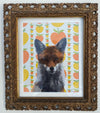 Foxy with the apples a hand pulled screen print on original 1970s wallpaper in a vintage gold frame.  I created this work as part of my collection of upcycled artworks. Each print is hand pulled on a unique surface making each piece in the collection a 1/1.