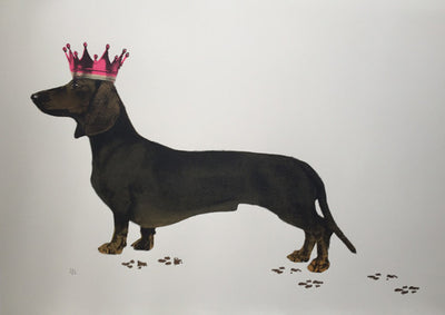 A hand pulled screen print called Her Royal Highness Sausage. The piece depicts a black and tan Dachshund wearing a pink crown. This naughty doggy has left her footprints all across the page.