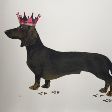 A hand pulled screen print called Her Royal Highness Sausage. The piece depicts a black and tan Dachshund wearing a pink crown. This naughty doggy has left her footprints all across the page.