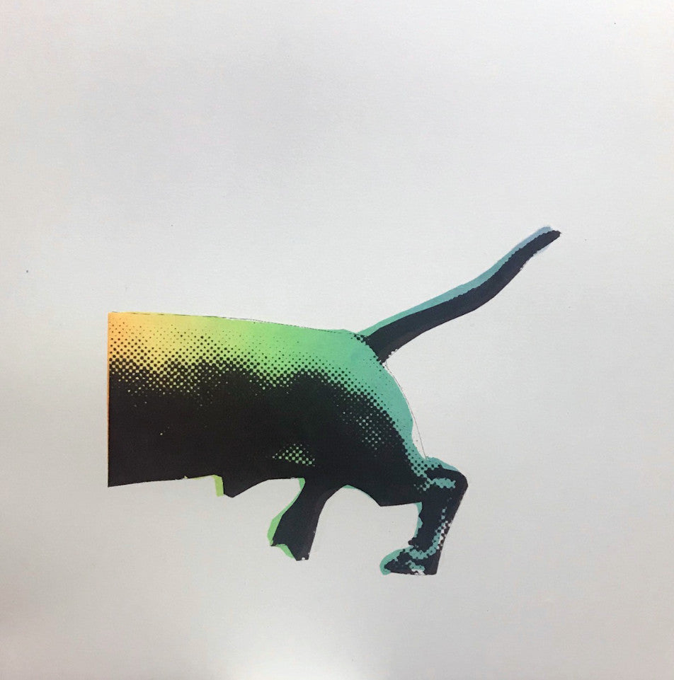 A hand pulled screen print called Half a Sausage. The print comes in two pieces has and ombre rainbow effect with a bold halftone overprint.