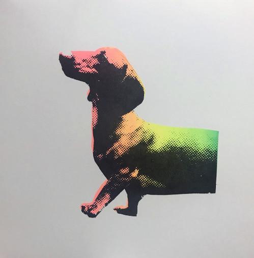 A hand pulled screen print called Half a Sausage. The print comes in two pieces has and ombre rainbow effect with a bold halftone overprint.