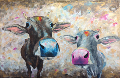 A limited edition giclee print of two Indian cows on archival fine art paper. Both the cows have coloured powder (known as tilaka) on their foreheads which is very characteristic of cows in holy towns in India. This is a real 'feelgood' piece with lovely contrasting colours.