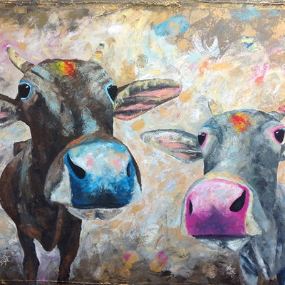 A limited edition giclee print of two Indian cows on archival fine art paper. Both the cows have coloured powder (known as tilaka) on their foreheads which is very characteristic of cows in holy towns in India. This is a real 'feelgood' piece with lovely contrasting colours.
