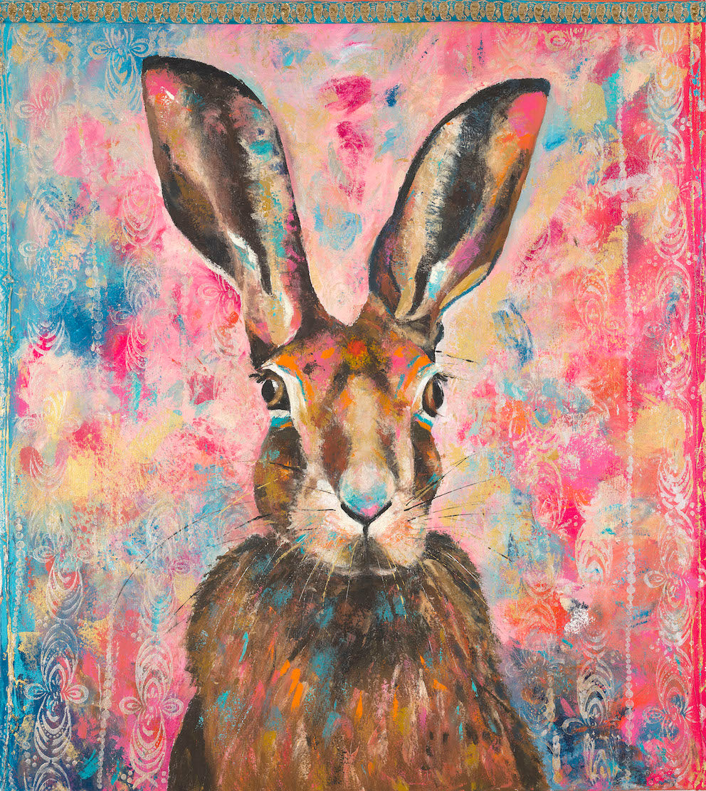 Another beautiful Indian hare. I painted this piece soon after Hare Rama. The colours are far more vibrant and the hot pink background depicts a truly Indian vibe.  The piece has a portrait orientation