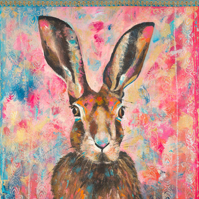 Another beautiful Indian hare. I painted this piece soon after Hare Rama. The colours are far more vibrant and the hot pink background depicts a truly Indian vibe.  The piece has a portrait orientation