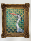 Blue Heron on a fresh green/turquoise and gold stencilled hand painted background .  Original painting on canvas in an antique gold chunky ornate frame.  Exterior frame measurements 42x52cm.
