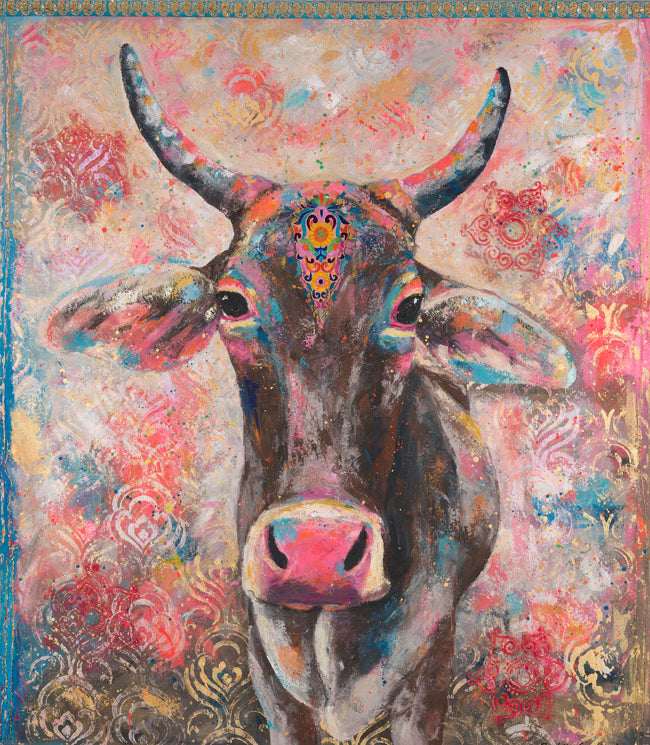 Whilst I was walking along the bank of the River Ganges in Varanasi in January 2019 I encountered this very friendly cow just before the burning ghats. I knew when I snapped this photo that she would make a great painting.