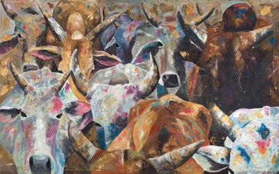 A limited edition giclee print of a herd of Indian cows. Holi is an Indian festival where paint powder is thrown and the cows are often highly decorated. There is a real sense of colour and movement in this semi abstract piece.