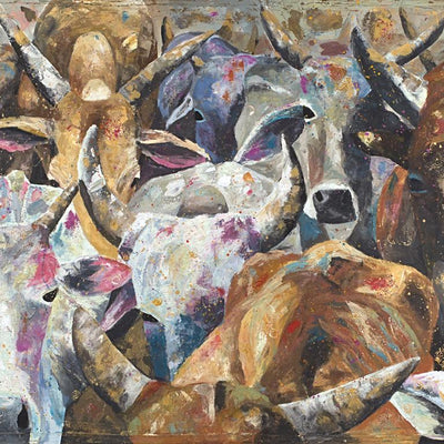 A limited edition giclee print of a herd of Indian cows. Holi is an Indian festival where paint powder is thrown and the cows are often highly decorated. There is a real sense of colour and movement in this semi abstract piece.