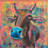 A limited edition giclee print of a funky brown coloured Indian cow with a big blue nose. The background is beautifully vibrant with strong pinks, mustard and turquoise tones. There is an ornate gold block print through the background and a candy pink and gold sari border across the top of the piece