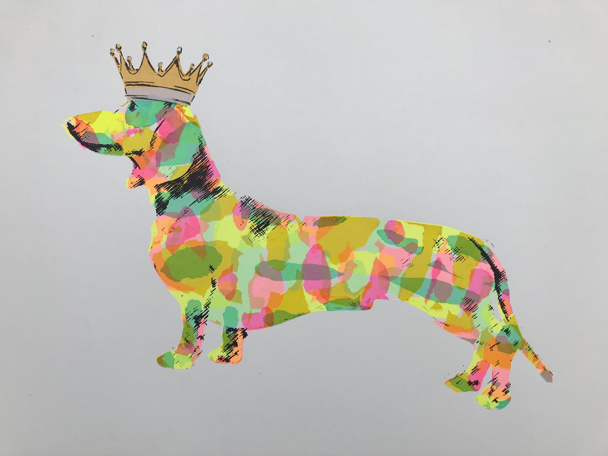 A hand pulled screen print called Paint based Sausage .  This is a re working of my very popular Sausage pride piece and was inspired by the wonderful colours on a vegan salad plate!