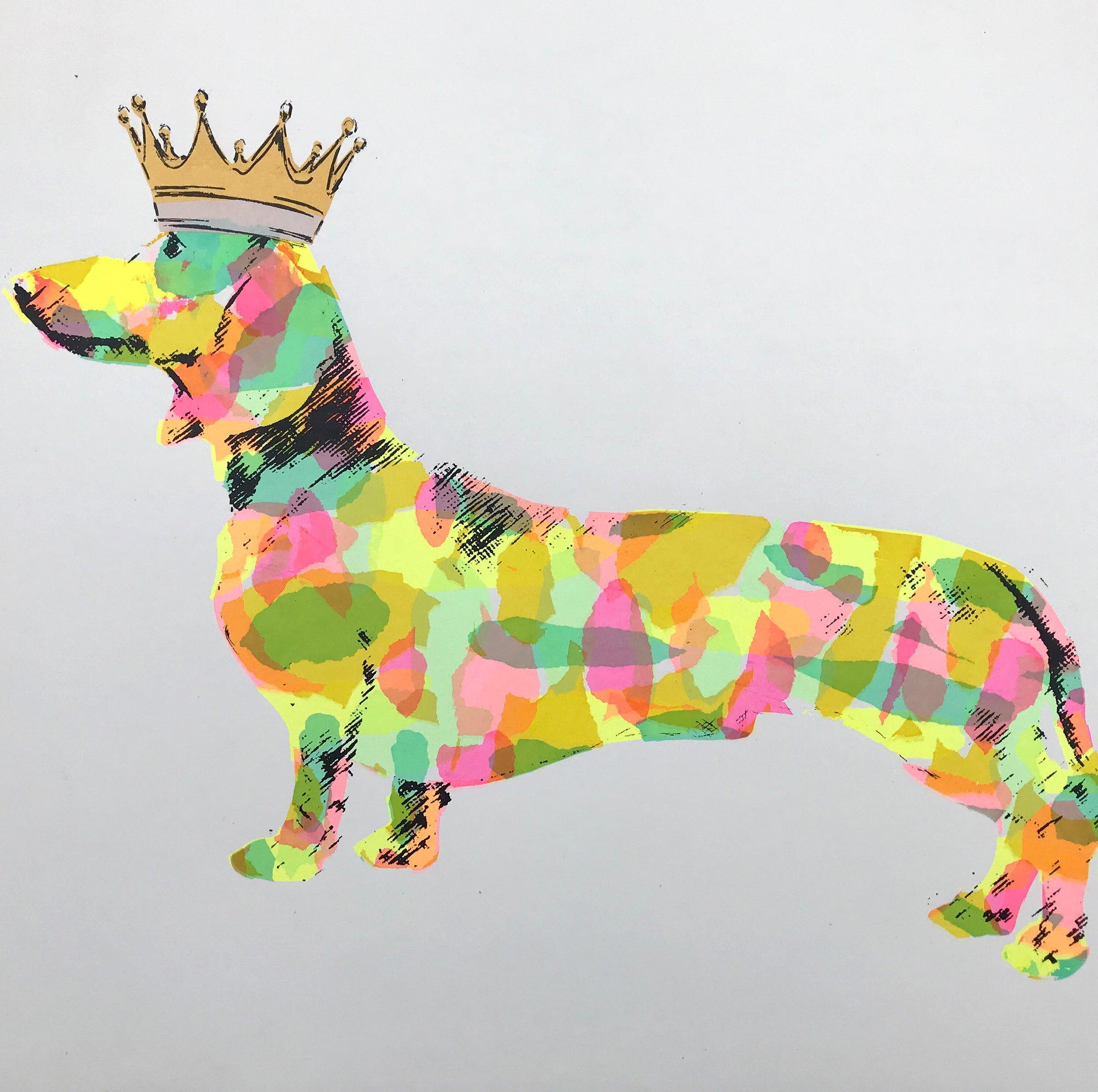 A hand pulled screen print called Paint based Sausage .  This is a re working of my very popular Sausage pride piece and was inspired by the wonderful colours on a vegan salad plate!