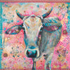 A limited edition giclee print of a beautiful grey Indian cow with a decorate floral headpiece. The background is wonderfully vibrant with strong pinks, delicate mustard and cool turquoise tones. There is an ornate gold block print through the background and a hot pink and gold sari borders across the top and bottom of the piece. There are also sari 'patches' interspersed throughout the painting.