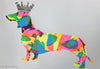 A hand pulled screen print called Royal Sausage pride VI.  Brand new edition   This piece is printed in 5 very bright colours and is the most 'paintily' of all my screenprints. This multi coloured florescent Dachshund is wearing a golden crown. This piece comes unframed and is 50cmx70cm.