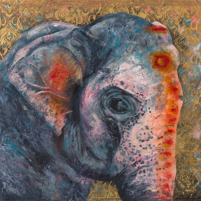 The beautiful temple elephant from Hampi, India, known as Laxmi, has been so well received  that I felt compelled to paint her again from a completely different angle. I called this piece Sacred eye. This is a very spiritual piece that glows with an aura of calm and serenity and shows her for the beautiful soul that she is.