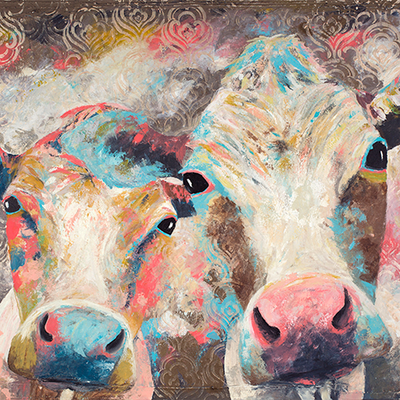 A limited edition giclee print of two cows on archival fine art paper. This image shows 2 cows faces broken into the background using beautiful turquoise and coral tones with gold print overlay.