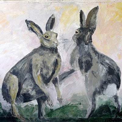 A limited edition giclee print of two boxing hares on archival fine art paper. The eye contact between the hares and the tension in their step gives this piece a real energy.