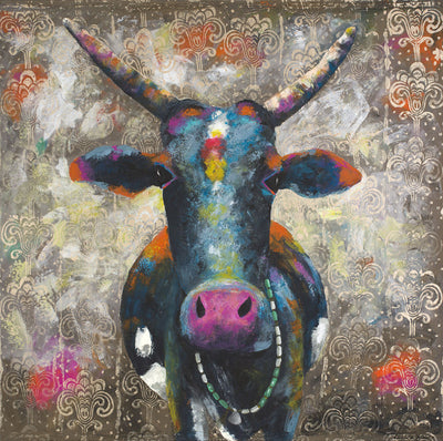 A limited edition giclee print of an Indian cow from the holy town of Gokhana. Tika has been created as a sister piece to the very popular Bling. She is wearing a Mala necklace and is highly decorated. There is a beautiful gold print through the background.