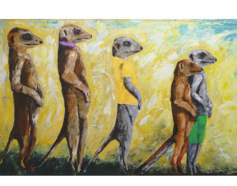 A limited edition giclee print of five meerkats on a yellow background on archival fine art paper. The image has captured the expressions of meerkats perfectly and the hint of clothing adds subtle humour and vibrant colour.