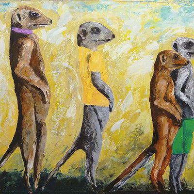 A limited edition giclee print of five meerkats on a yellow background on archival fine art paper. The image has captured the expressions of meerkats perfectly and the hint of clothing adds subtle humour and vibrant colour.